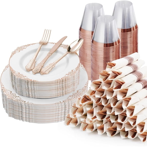 Goodluck 350 Pieces Rose Gold Plastic Dinnerware Set for 50 Guests, Fancy Disposable Plates for Party, Include: 50 Dinner Plates, 50 Dessert Plates, 50 Pre Rolled Napkins with Silverware, 50 Cups