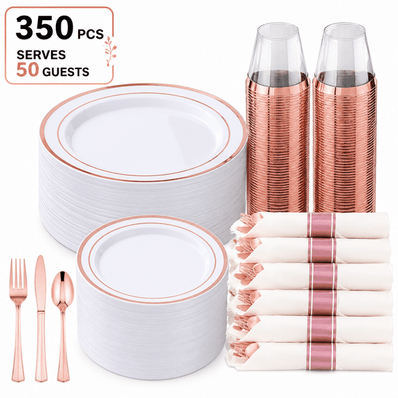 Goodluck 350 Piece Disposable Dinnerware Set for 50 Guests, Rose Gold Plastic Plates, Cups, Pre Rolled Napkins with Silverware for Party
