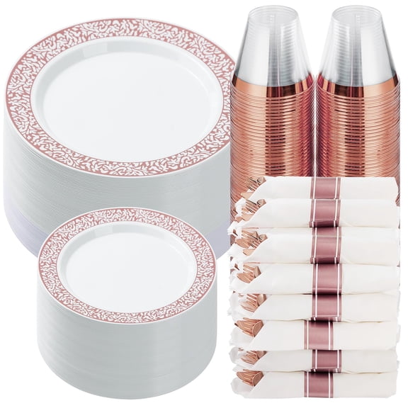 Goodluck 350 Piece Rose Gold Plastic AFN1Dinnerware Set 50 Guests, Disposable Lace Plates Party, Include: 50 Rose Gold Party Plates, 50 Dessert Plates, 50 Pre Napkins with Silverware, 50 Cups