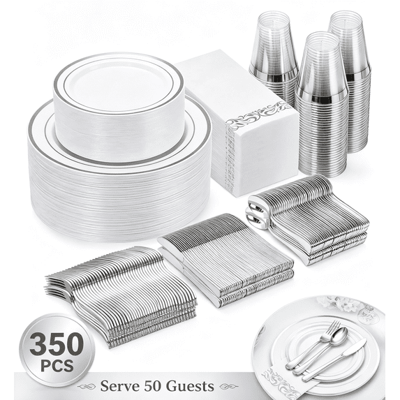 Goodluck Disposable Plastic Dinnerware Set 350 Pcs Serves 50 Guests, Heavy Duty Tableware Kit with Silver Rim Plates Cups Napkins Silverware for Wedding Birthday Party