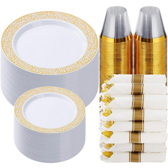 Goodluck 3Piece Gold Plastic Dinnerware FST1Set for Guests, Disposable Lace Plates for Thanksgiving, Include: Gold Plates, Dessert Plates Disposable, Pre Napkins with Silverware, Cups