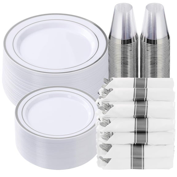 Goodluck 3Piece Silver Plastic Dinnerware FST1Set for Guests, Fancy Disposable Plates for Party, Include: Dinner Plates, Dessert Plates, Pre Rolled Napkins with Silver Silverware, Cups