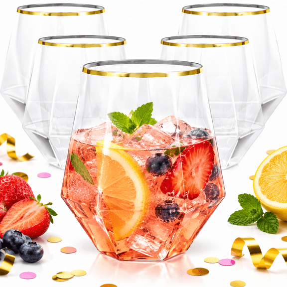 Goodluck 40 Count Disposable Wine Glasses, 12 oz Stemless Plastic Cups, Gold Rim Diamond Cut Design