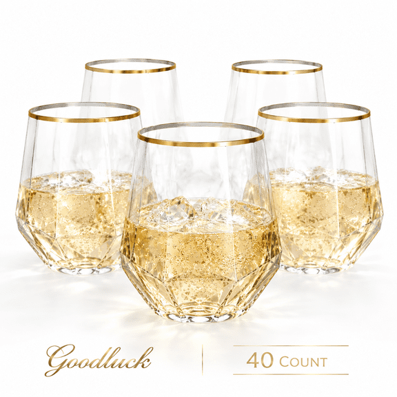Goodluck Disposable Plastic Wine Glasses 40 Count, 12 oz Diamond Cut Gold Rim Stemless Cocktail Cups for Wedding, Party and Events