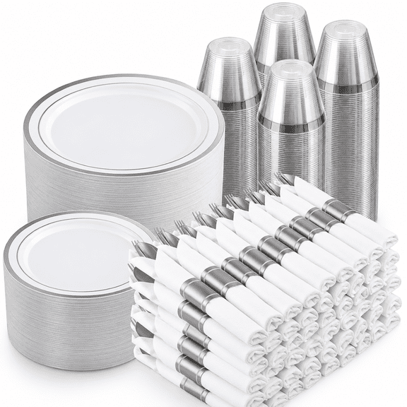 Goodluck 700 Piece Silver Plastic Dinnerware Set for 100 Guests Disposable Plates, Pre Rolled Napkins with Silverware, Cups for Wedding, Birthday, Party