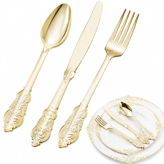 Goodluck 75 PCS Gold Plastic Silverware Set Heavy Duty Disposable Cutlery, Includes 25 Forks, 25 Spoons, 25 Knives, Elegant Vintage Design for Weddings, Parties, Thanksgiving, and Daily Use