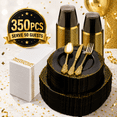 thumbnail image 1 of Goodluck Disposable Plastic Dinnerware Set 350PCS for 50 Guests Clear Black Plates with Gold Trim, Gold Silverware, Cups, Napkins for Party, Wedding & Graduation, 1 of 7