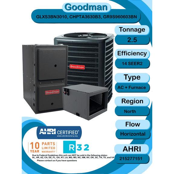 Goodman 2.5 ton 14 SEER2 Complete Split System with horizontal coil and single stage 96% AFUE 60k BTU furnace with install accessories! (GLXS3BN3010 CHPTA3630B3 GR9S960603BN)