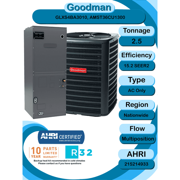 Goodman 2.5 ton 15.2 SEER2 AC Only System with multi-position air handler with install accessories! (GLXS4BA3010 AMST36CU1300)