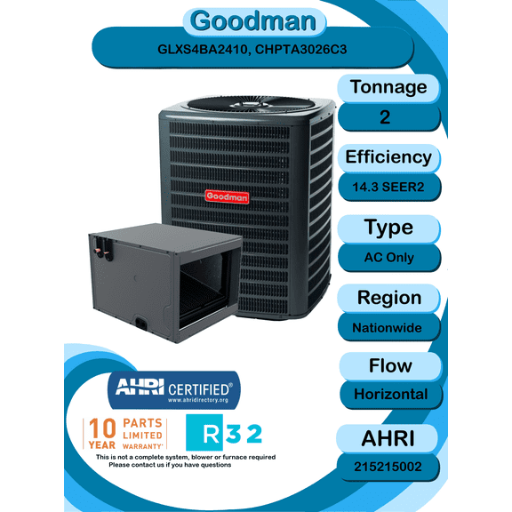 Goodman 2 ton 14.3 SEER2 Partial Split System with horizontal coil with install accessories! (GLXS4BA2410 CHPTA3026C3)