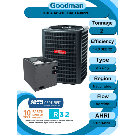 Goodman 2 ton 14.3 SEER2 Partial Split System with vertical coil with install accessories! (GLXS4BA2410 CAPTA3022C3)