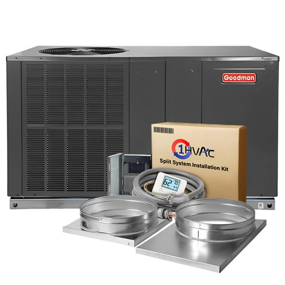 Goodman 3.5 Ton 13.4 SEER2 Packaged Air Conditioner Unit with 10kW Auxiliary Heat Kit & Install Kit - R32 Horizontal | 42000 BTU AC/Heating System
