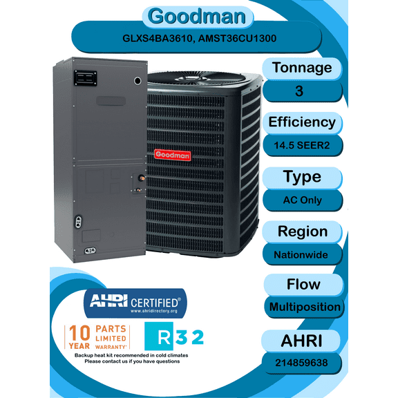 Goodman 3 ton 14.5 SEER2 AC Only System with multi-position air handler with install accessories! (GLXS4BA3610 AMST36CU1300)