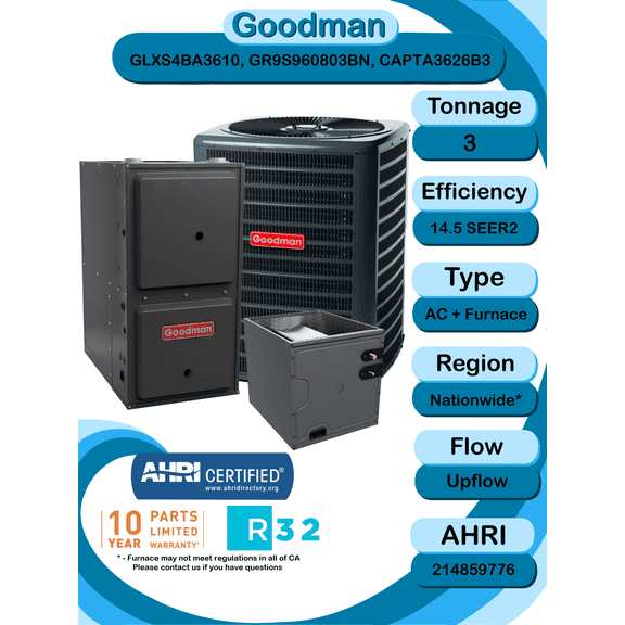 Goodman 3 ton 14.5 SEER2 Complete Split System with upflow coil and single stage 96% AFUE 80k BTU furnace with install accessories! (GLXS4BA3610 CAPTA3626B3 GR9S960803BN)