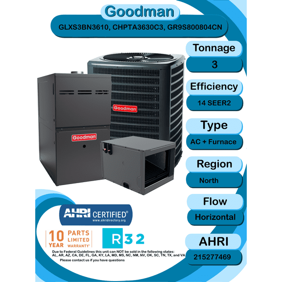 Goodman 3 ton 14 SEER2 Complete Split System with horizontal coil and single stage 80% AFUE 80k BTU furnace with install accessories! (GLXS3BN3610 CHPTA3630C3 GR9S800804CN)