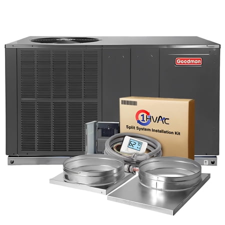 Goodman 4 Ton 13.4 SEER2 Packaged Air Conditioner Unit with 20kW Auxiliary Heat Kit & Install Kit - R32 Horizontal | 48000 BTU AC/Heating System