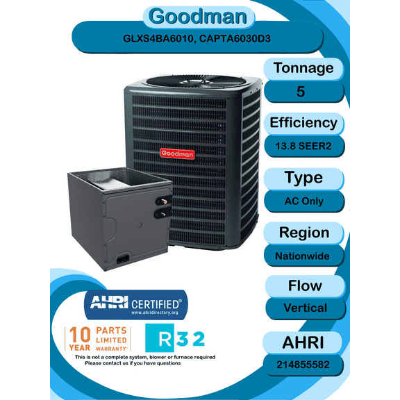Goodman 5 ton 13.8 SEER2 Partial Split System with vertical coil with install accessories! (GLXS4BA6010 CAPTA6030D3)