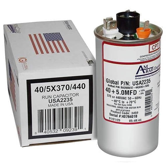 American Standard 45+10 Uf Dual Run Capacitor - 370/440 VAC Round Universal Replacement, Made In USA