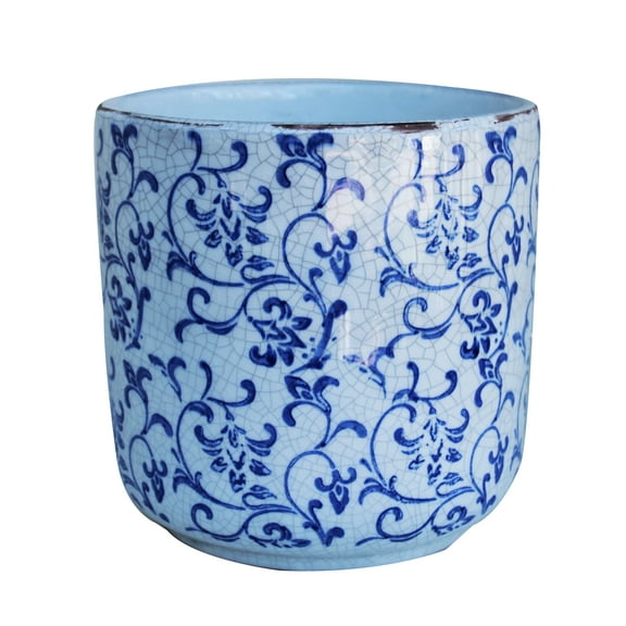 Goodman and Wife 7” x 7” x 7” Cylinder Blue and White Ceramic Vine Pattern Plant Pot