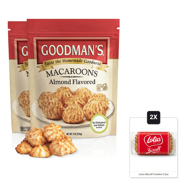 Goodmans Almond Coconut Macaroons, 9Oz (2 Pack) | Gluten Free Cookies | Soft & Chewy | Kosher For Passover & 2x Lotus Biscoff Cookies 0.2oz
