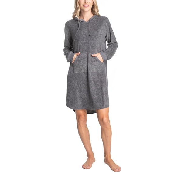 Goodnight Kiss Bear Hug 2 Lounger Fleece Hoodie Sweatshirt Dress, Long Sleeve, Charcoal, L