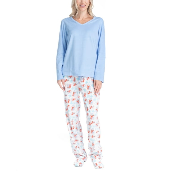 Goodnight Kiss Women's 3 Piece Pajama Set - Matching Slippers, Long Sleeve T-Shirt and Sleep Pants, Blue/Bears, M