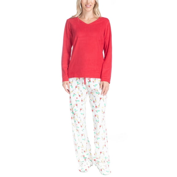 Goodnight Kiss Women's 3 Piece Pajama Set - Matching Slippers, Long Sleeve T-Shirt and Sleep Pants, Red/Drinks, M