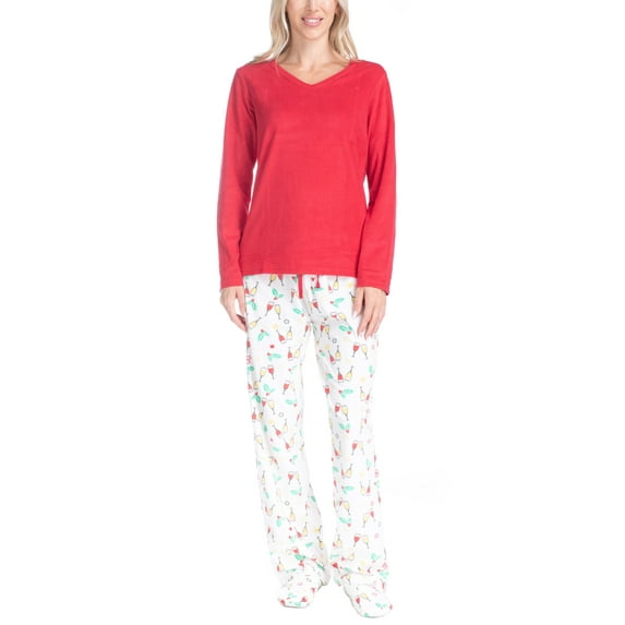 Goodnight Kiss Women's 3 Piece Pajama Set - Matching Slippers, Long Sleeve T-Shirt and Sleep Pants, Red/Drinks, M
