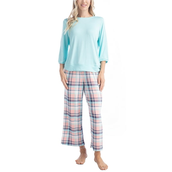Goodnight Kiss Women's Fall Fable Pajama Set, Butter Knit 3/4 Sleeve and Capri Pant, Aqua/Plaid, M