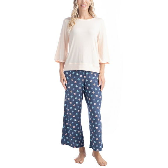 Goodnight Kiss Women's Fall Fable Pajama Set, Butter Knit 3/4 Sleeve and Capri Pant, Cream/Coffee Mugs, M