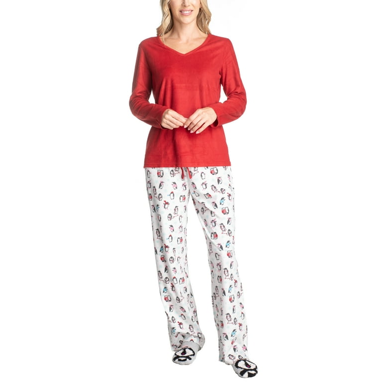 Goodnight Kiss Women s M Soft sherpa lined Polyester Penguin Pajama Set with Critter Socks Red Walmart