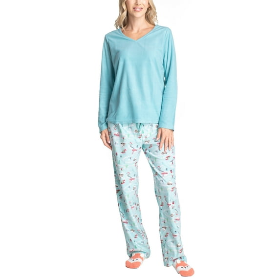 Goodnight Kiss Funny Face Fleece Pajama Set with Critter Socks, Turquoise/Skiing, Large