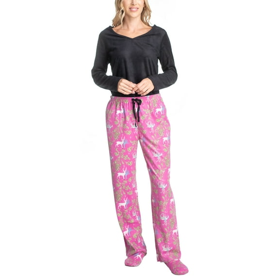Goodnight Kiss Magic 3's Fleece Pajama Set with Slippers, Black/Deer, X-Large