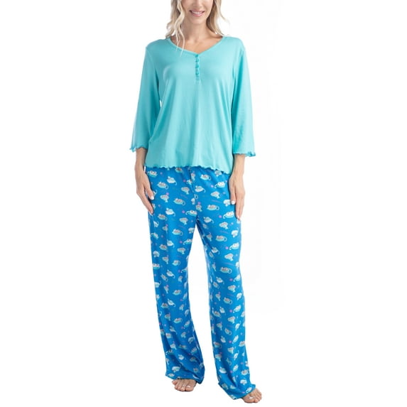 Goodnight Kiss Twilight Tales Dream Knit 3/4 Sleeve and Pants Pajama Set, Aqua/Cats, S