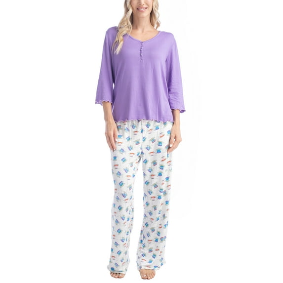Goodnight Kiss Twilight Tales Dream Knit 3/4 Sleeve and Pants Pajama Set, Pur/Coffee Mugs, XL