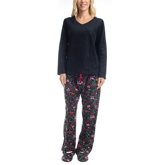 Goodnight Kiss Women's 3 Piece Pajama Set - Matching Slippers, Long Sleeve T-Shirt and Sleep Pants, Cozy Up, Black/Bows, M