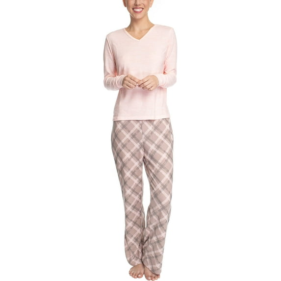 Goodnight Kiss Women's Max and Relax Butter Knit Lounge Wear Pajama Set, Pink/Plaid, Large
