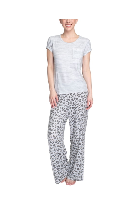 Women's Pretty Please Lush Luxury Lounge Wear Pajama Set, Grey/Leopard, X-Large