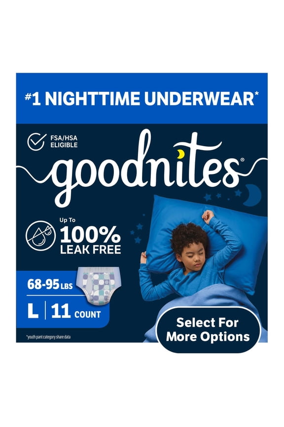 Boys Nighttime Bedwetting Underwear, L (68-95 lbs), 11 Count (Select for More)