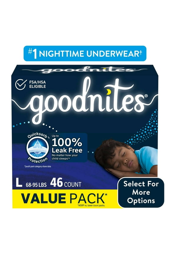 Boys Nightime Bedwetting Underwear, L (68-95 lbs), 46 Count (Select for More)