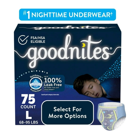 Goodnites Boys Nighttime Bedwetting Underwear, L (68-95 lbs), 75 Count (Select for More)
