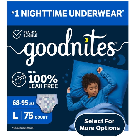 Goodnites Boys Nighttime Bedwetting Underwear, L (68-95 lbs), 75 Count