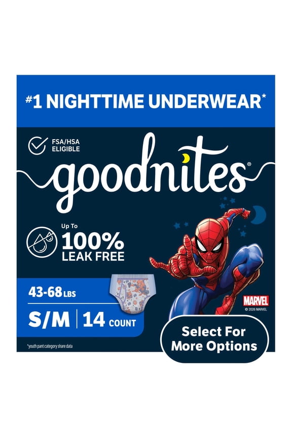 Boys Nighttime Bedwetting Underwear, S/M (43-68 lbs), 14 Count (Select for More)