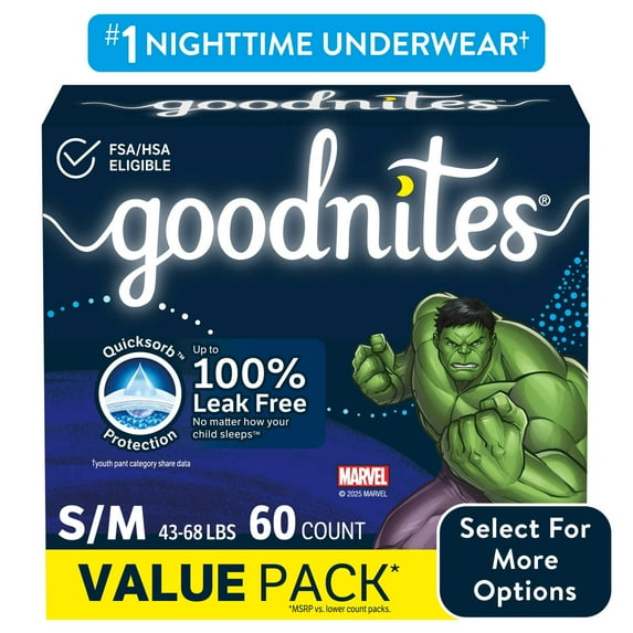 Goodnites Boys Nighttime Bedwetting Underwear, S/M (43-68 lbs), 60 Count (Select for More)