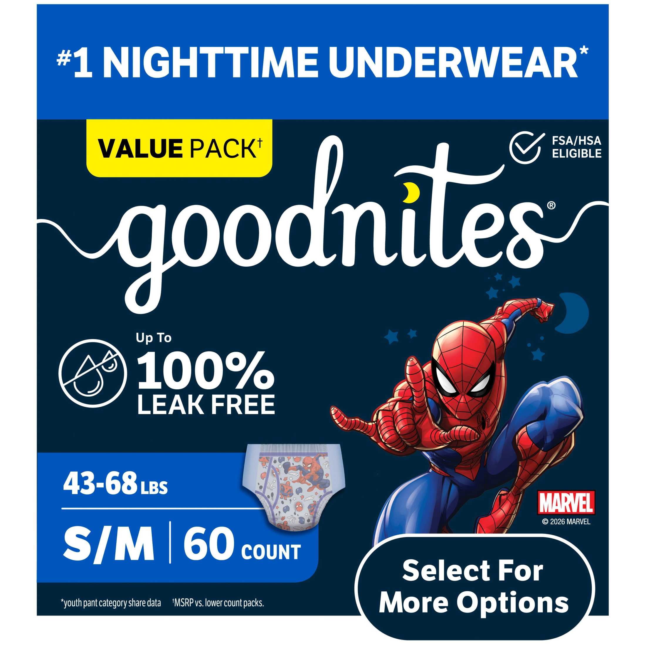 Goodnites Boys Nighttime Bedwetting Underwear, S/M (43-68 lbs), 60 Count (Select for More)