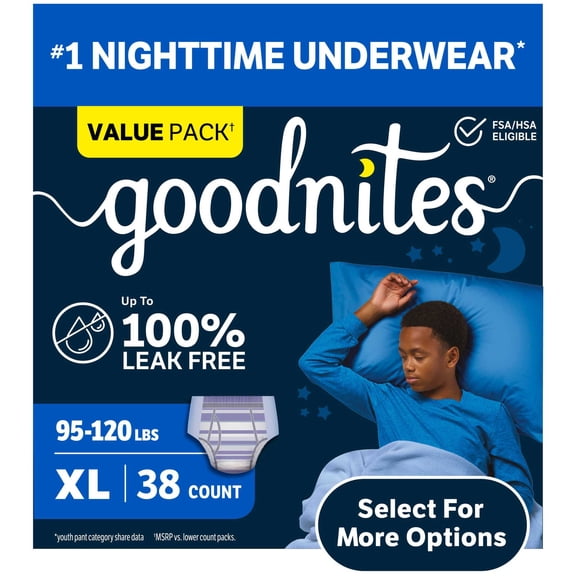 Goodnites Boys Nighttime Bedwetting Underwear, XL (95-120 lbs), 38 Count (Select for More)