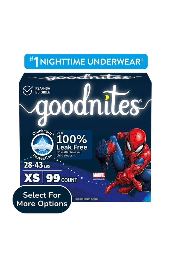 Boys Nighttime Bedwetting Underwear, XS (28-43 lbs), 99 Count (Select for More)