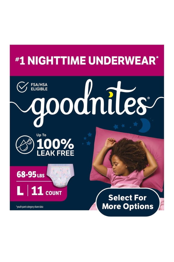 Girls Nighttime Bedwetting Underwear, L (68-95 lbs), 11 Count (Select for More)