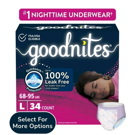 Goodnites Girls Nighttime Bedwetting Underwear, L (68-95 lbs), 34 Count (Select for More)