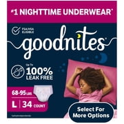 Goodnites Girls Nighttime Bedwetting Underwear, L 68-95 lbs, 34 Count Select for More